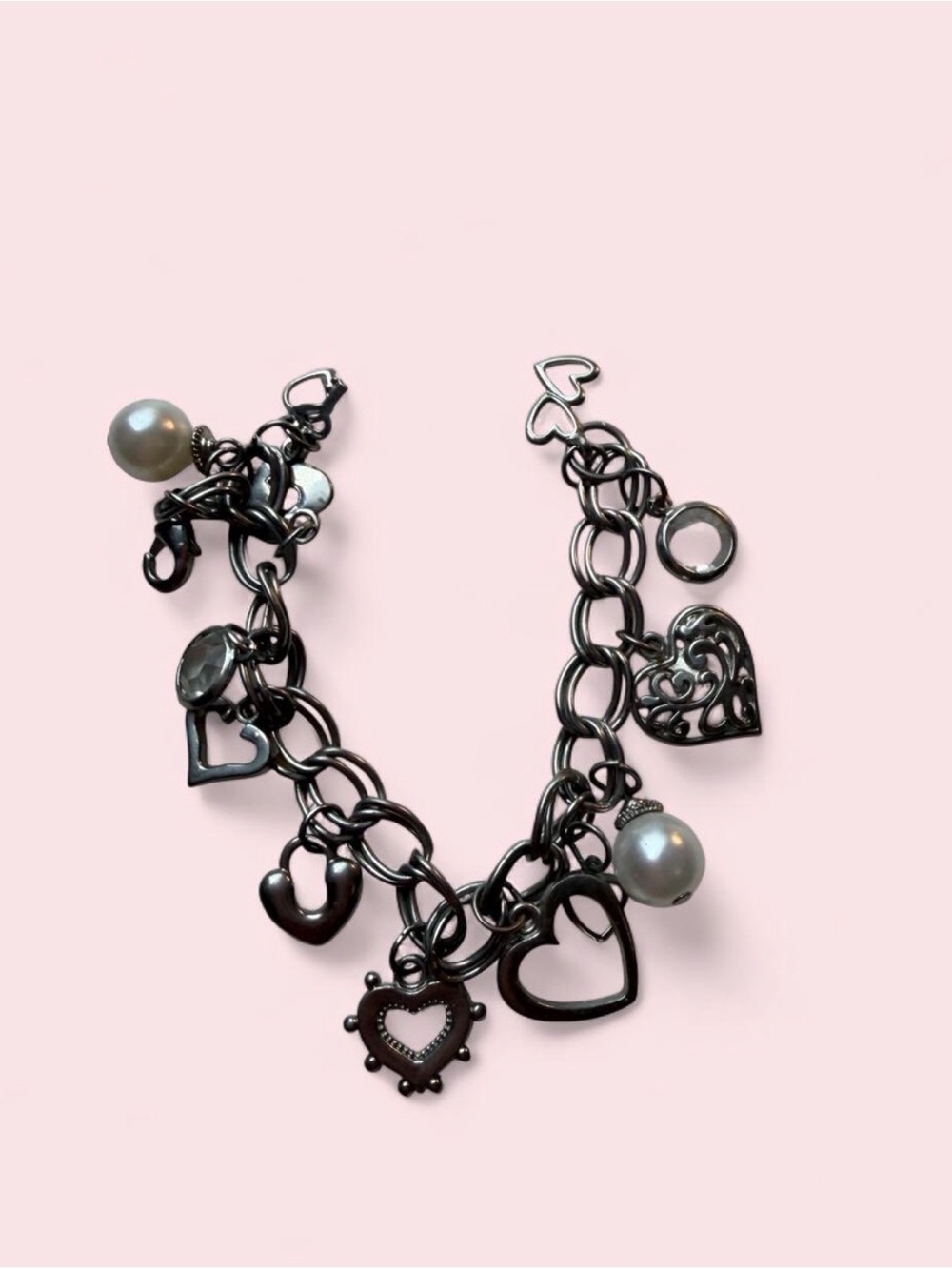 Heart Charm Pearl Accent Silver Bracelet Women Jewelry